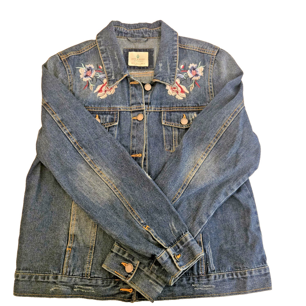 Jade & Ivory embroidered Flowered Blue Jean Jacket Boho L